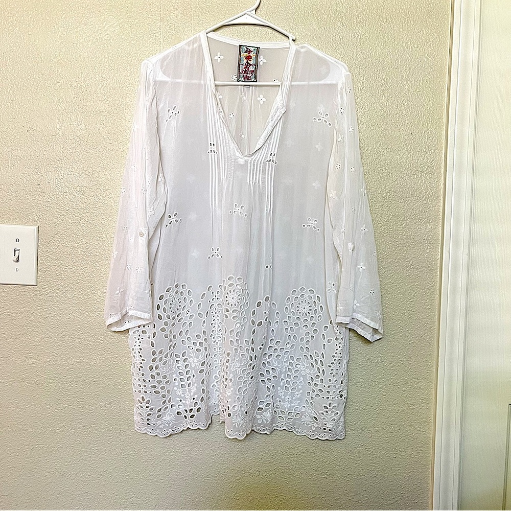 Johnny Was tunic M white eyelet cupra shirt like new sheer